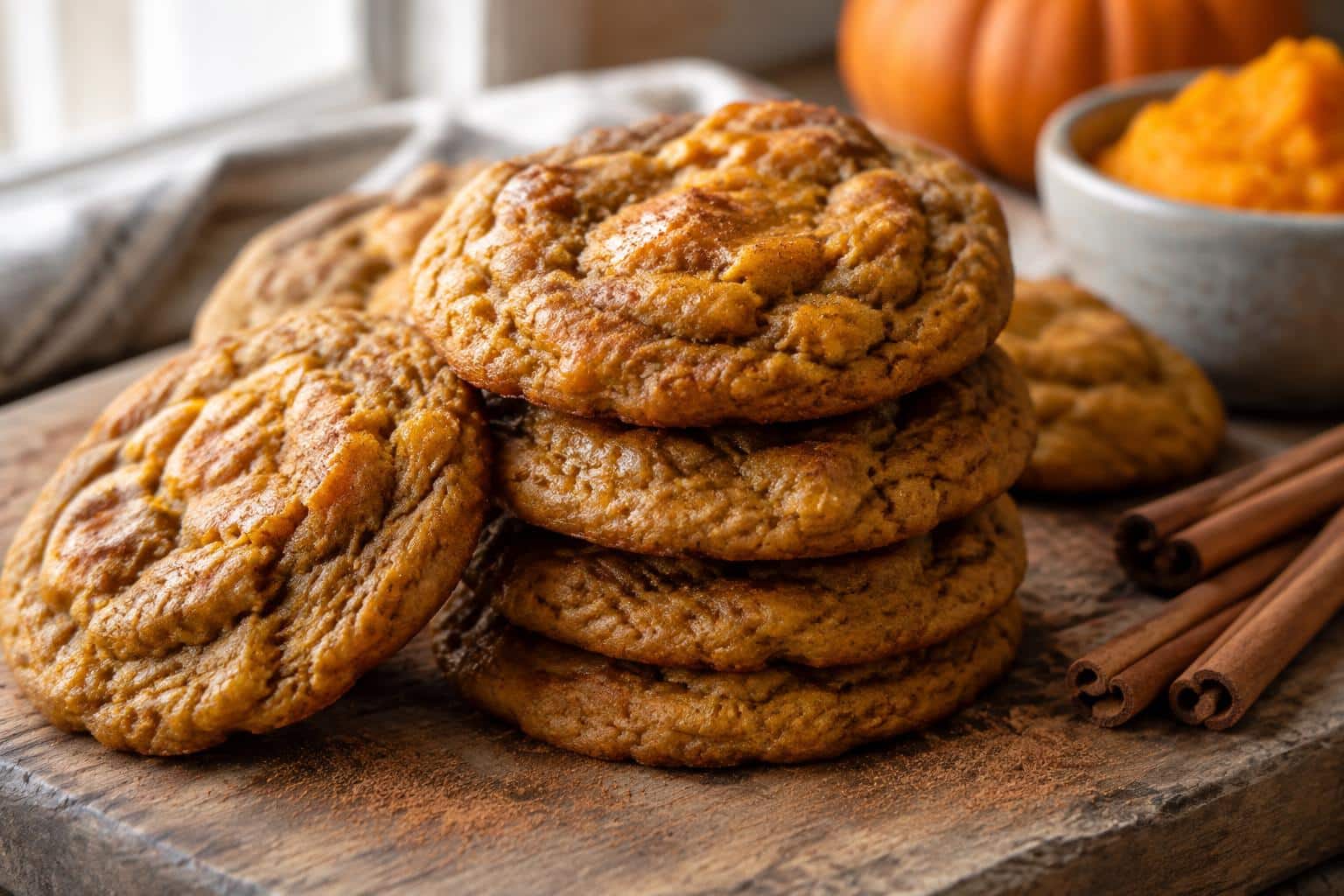 Chewy pumpkin cookies stacked on wooden board showcasing fall flavors and soft texture