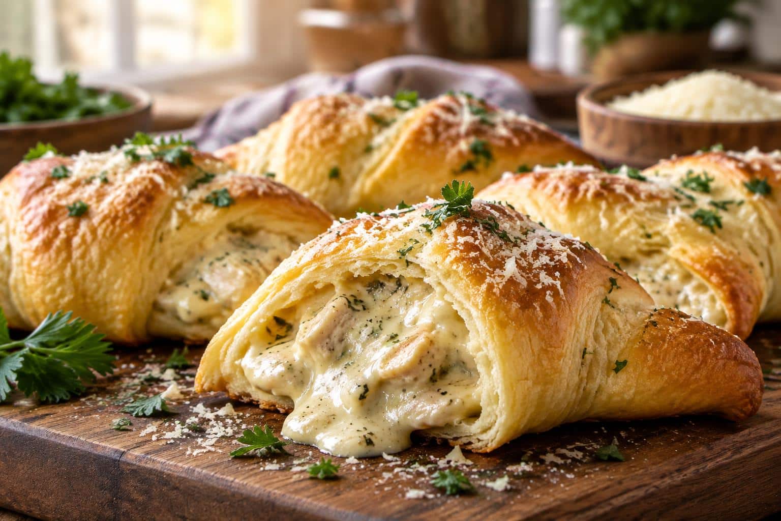 Golden chicken alfredo stuffed crescents with creamy sauce and parsley garnish