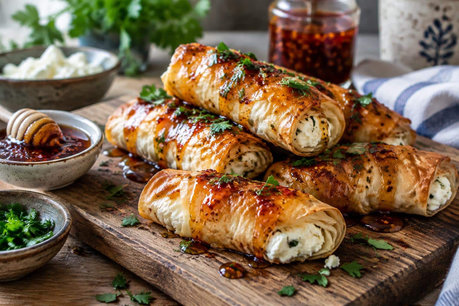 Chili honey feta rolls drizzled with chili honey glaze and garnished with herbs, fresh and appetizing