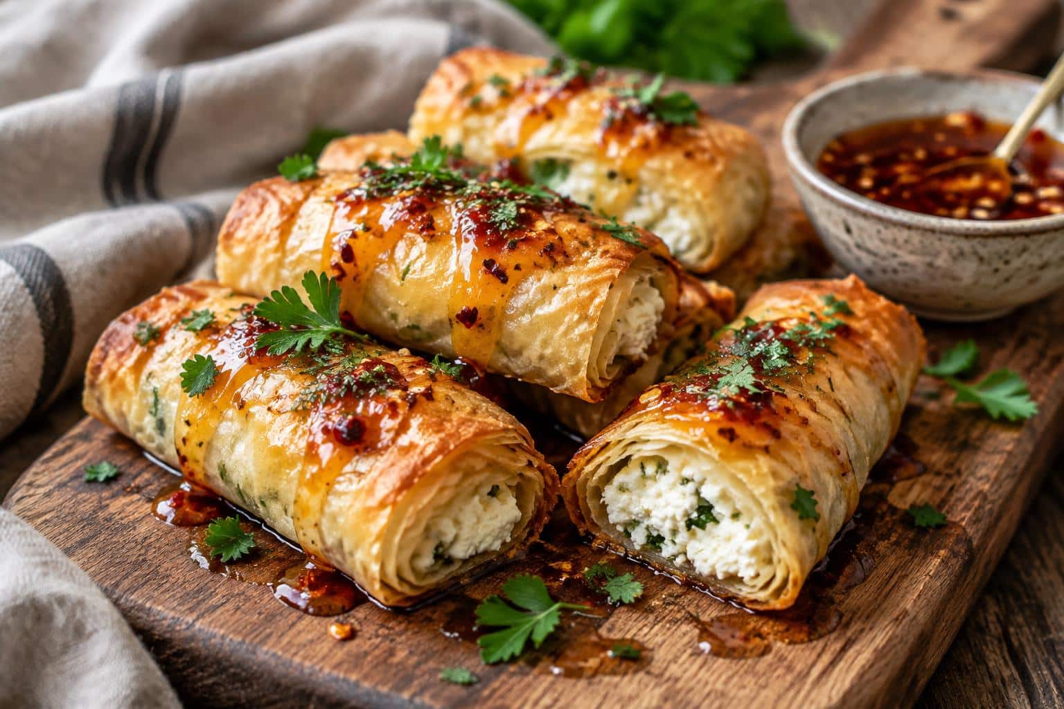 Golden baked chili honey feta rolls drizzled with chili honey and garnished with fresh parsley