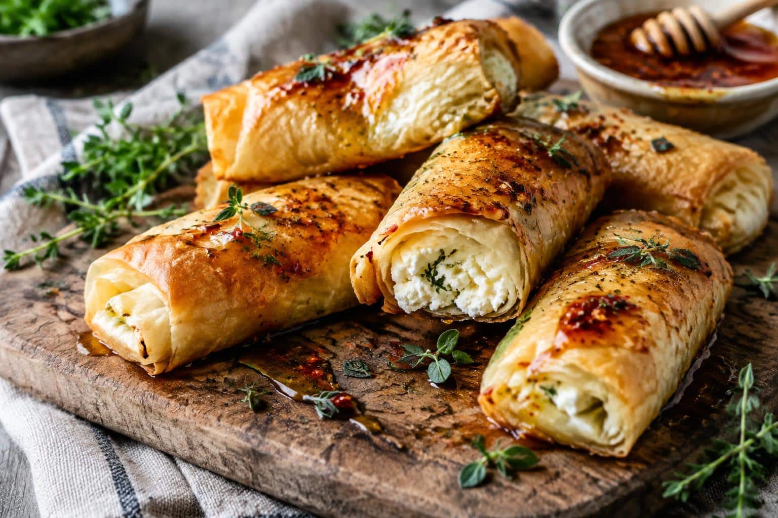 Chili honey feta rolls drizzled with chili honey glaze on rustic board, showcasing chili honey feta rolls