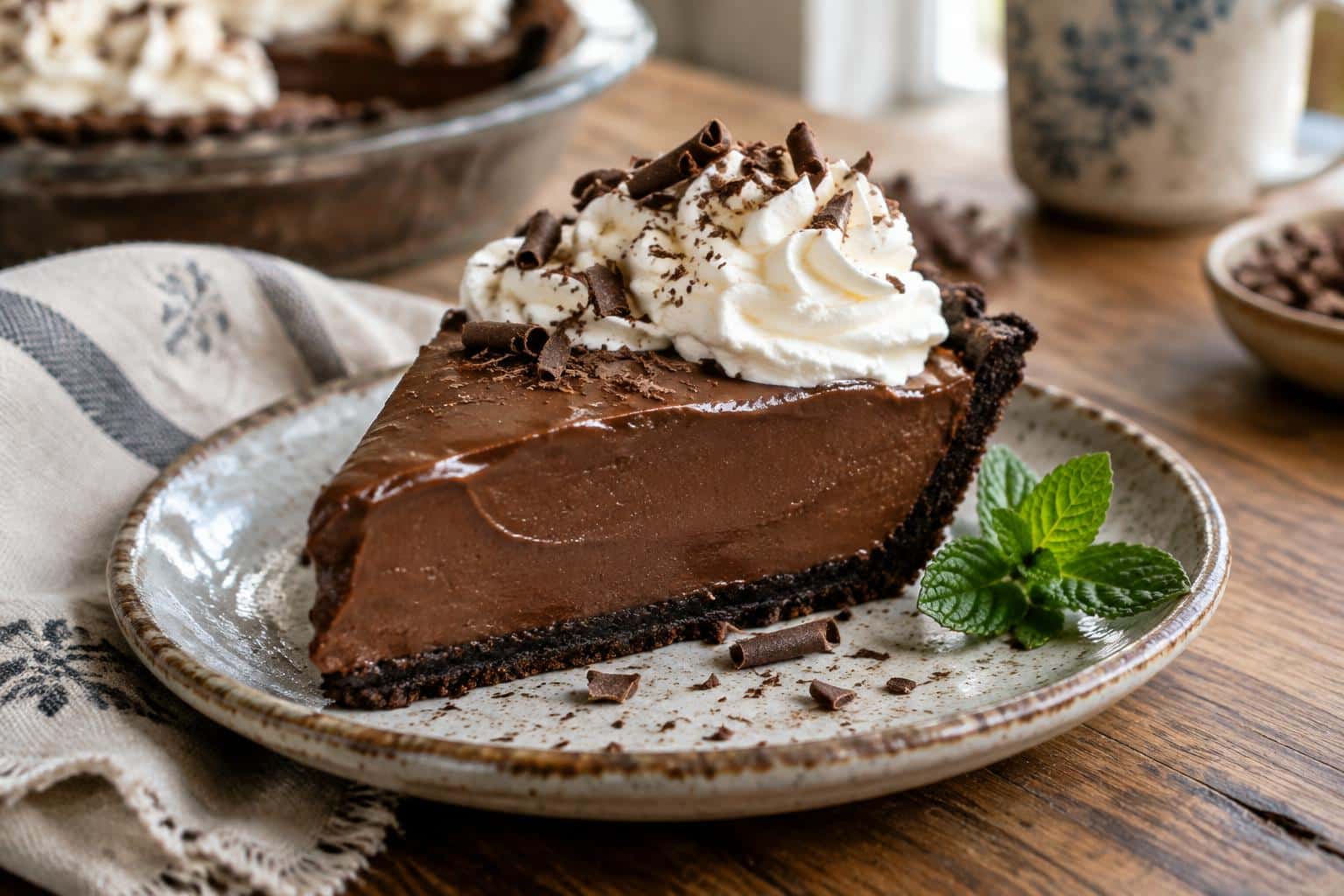 Slice of chocolate french silk pie with whipped cream garnish on rustic plate