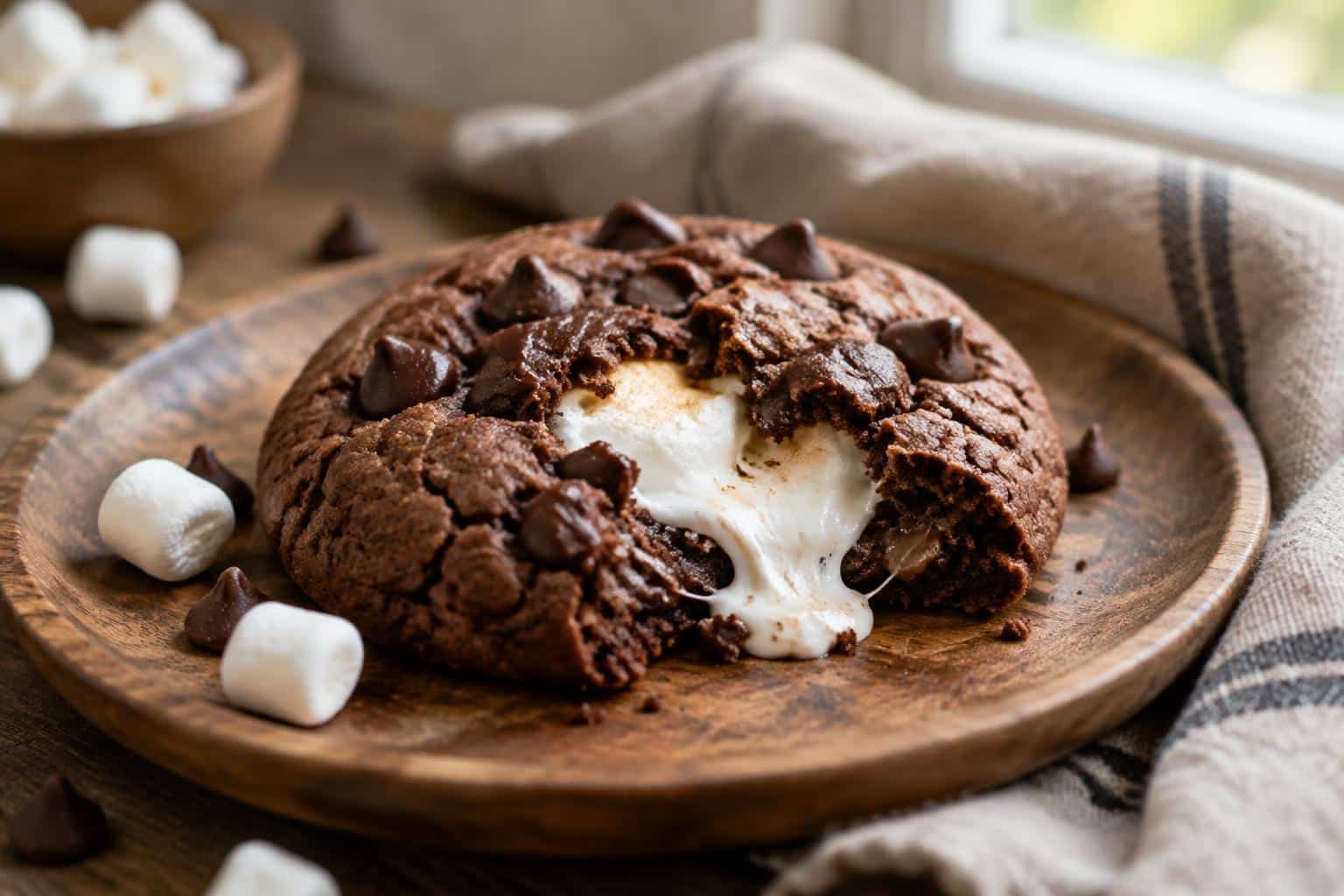 Gooey chocolate marshmallow cookies with melted marshmallow and rich chocolate chips