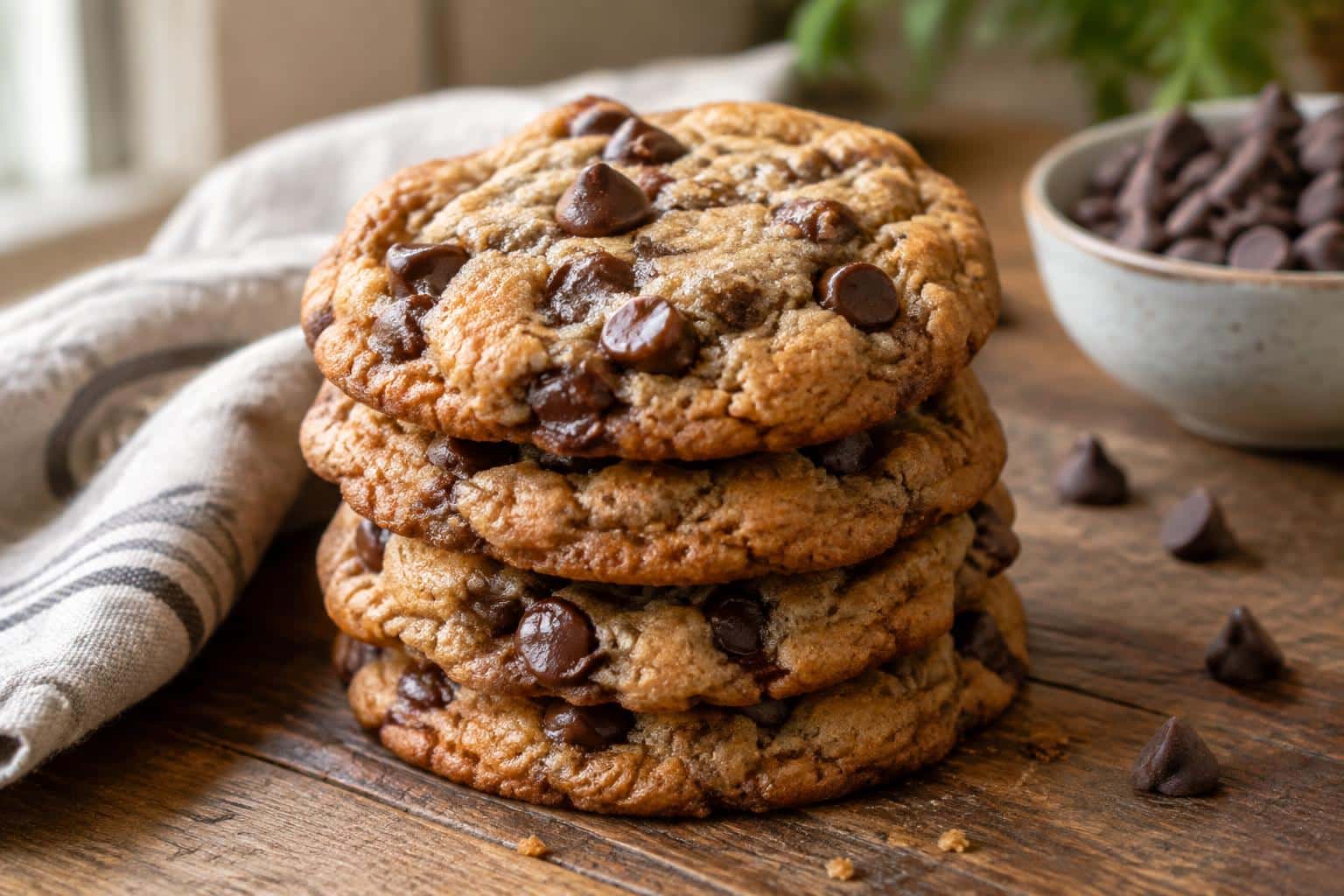 stack of chocolate sugar cookies with browned butter blondie texture on rustic surface