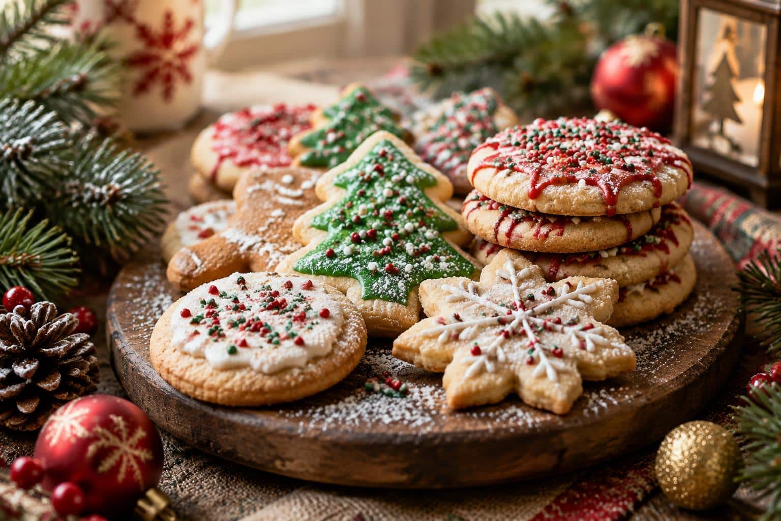 Stack of festive Christmas cookies decorated with icing and sprinkles, soft natural light, Christmas cookies