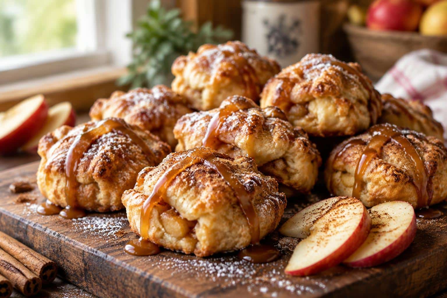 Cinnamon caramel apple pie bites with caramel drizzle and cinnamon dusting on wooden board