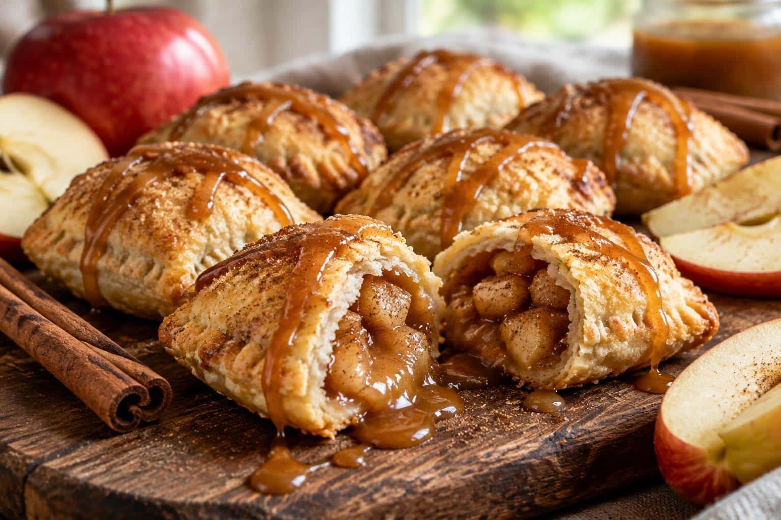 Freshly baked cinnamon caramel apple pie bites with caramel drizzle and cinnamon sticks