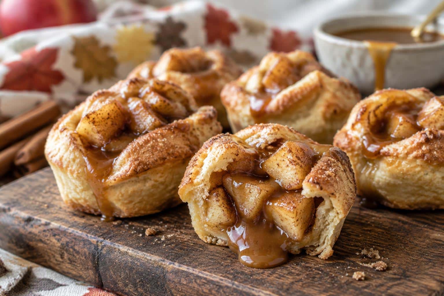 Close-up of cinnamon caramel apple pie bites with gooey caramel and apple filling