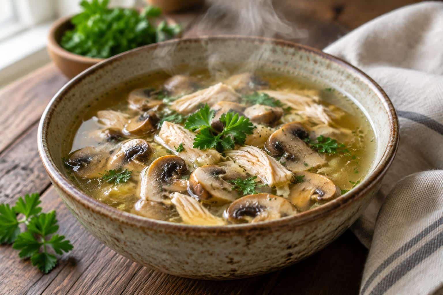 Clean chicken mushroom soup in a bowl garnished with fresh parsley, low-carb and protein-rich