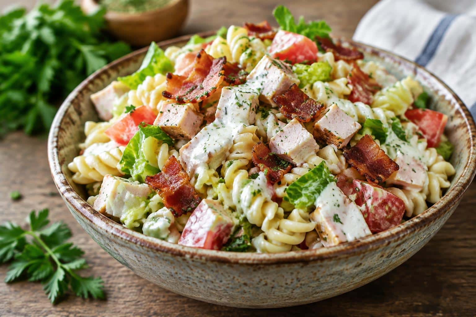 Club sandwich pasta salad with turkey, bacon, lettuce, tomato, and ranch dressing