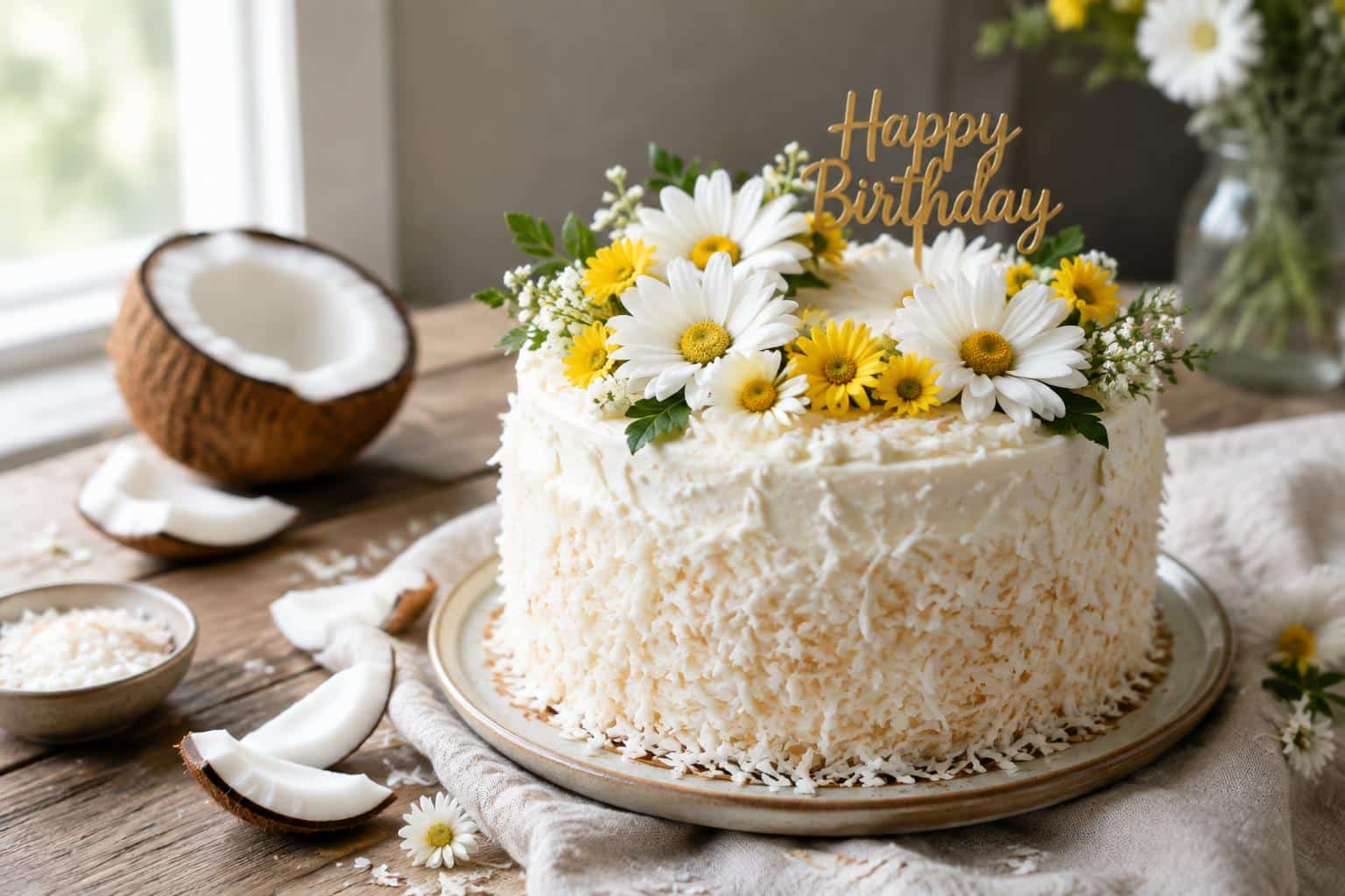 Coconut birthday cake decorated with white and yellow daisies in natural light