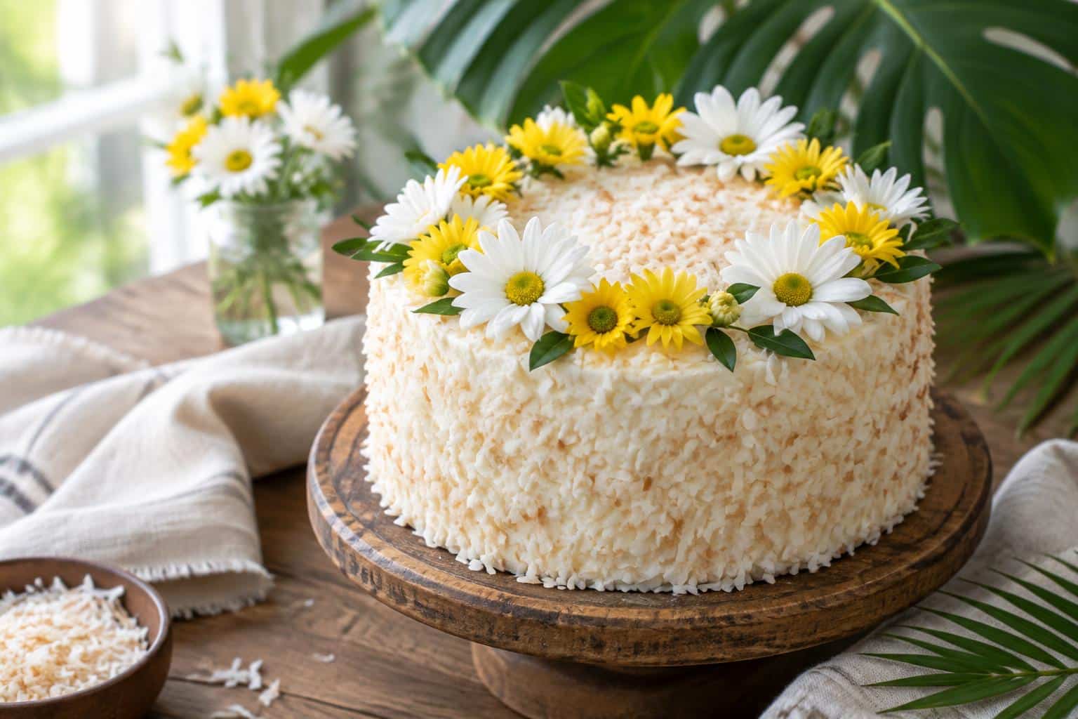 Moist coconut cake decorated with fresh white and yellow daisies, showcasing the coconut cake