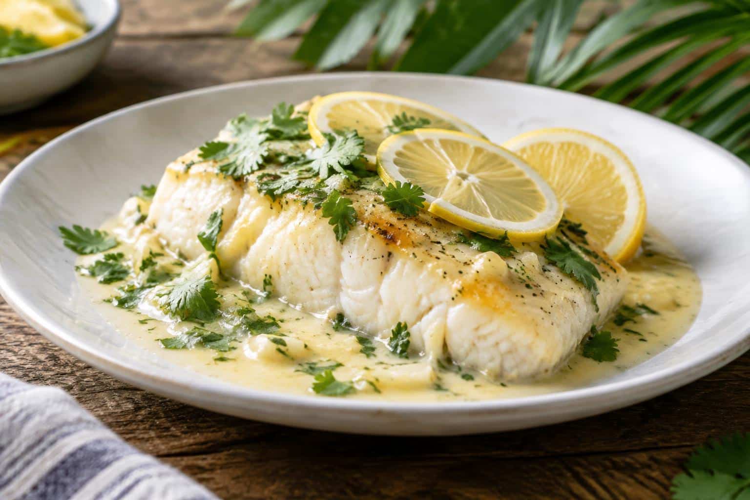 Coconut lemon cream baked cod on white plate garnished with lemon slices and cilantro