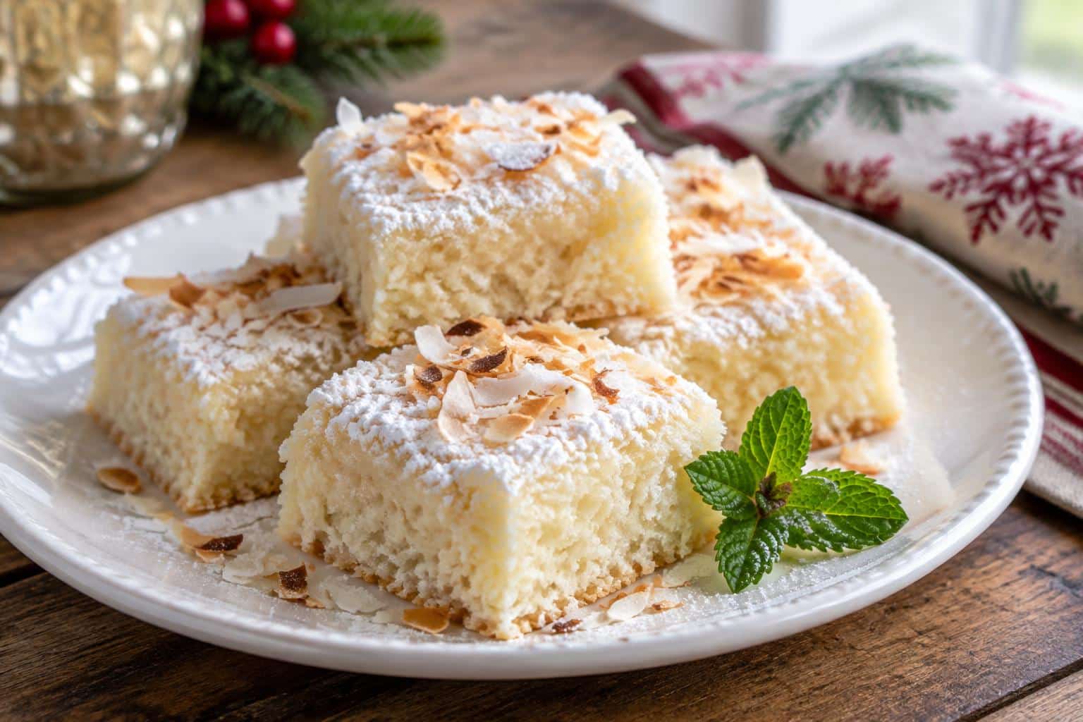 Moist coconut rum snow squares bars dusted with powdered sugar and toasted coconut flakes