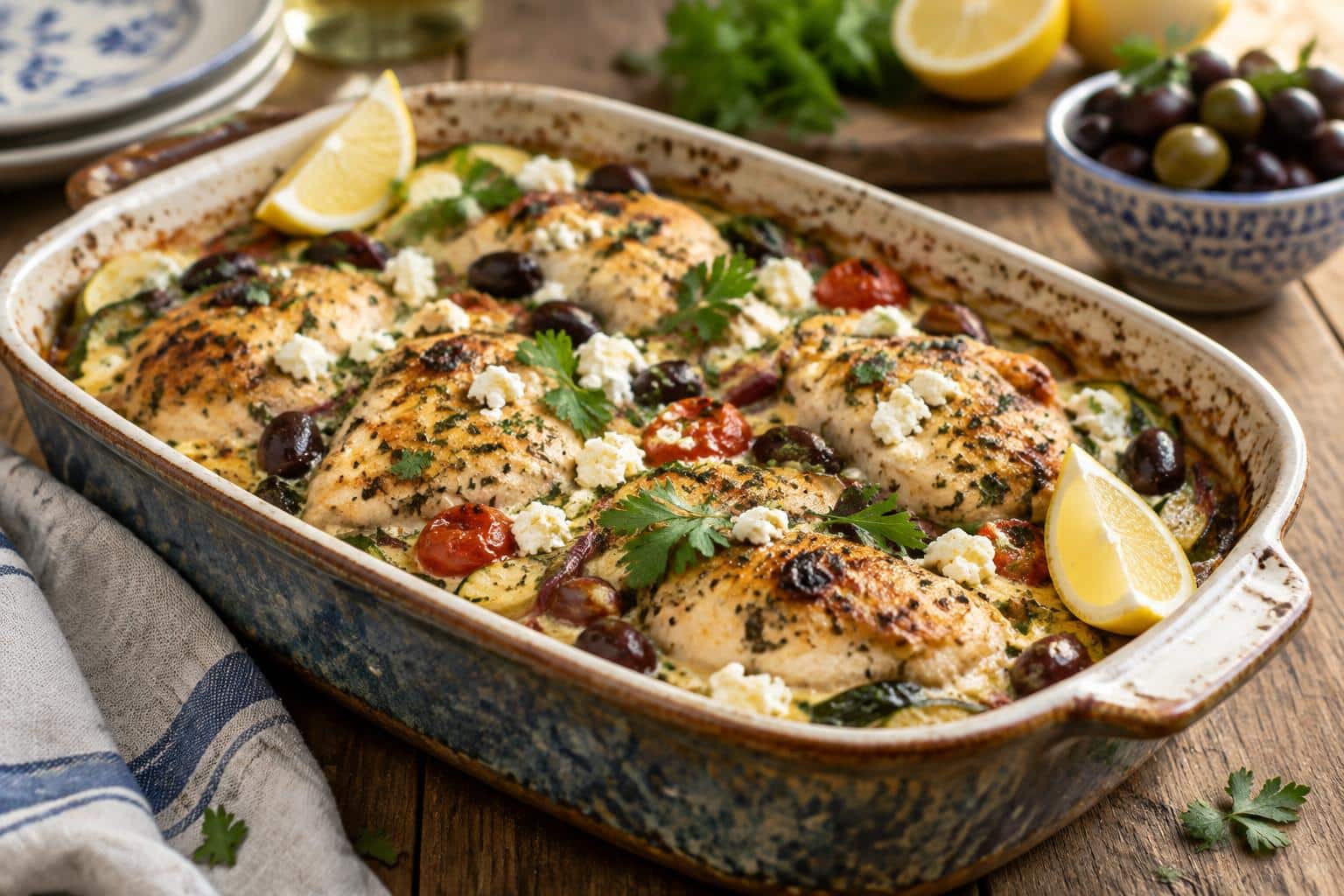 Greek chicken casserole with creamy feta and fresh herbs in a rustic baking dish