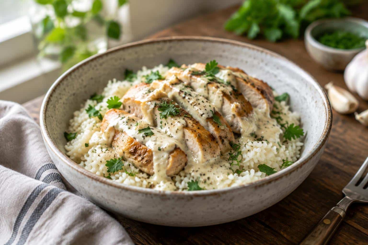 Comforting chicken rice bowls topped with creamy garlic sauce and fresh herbs