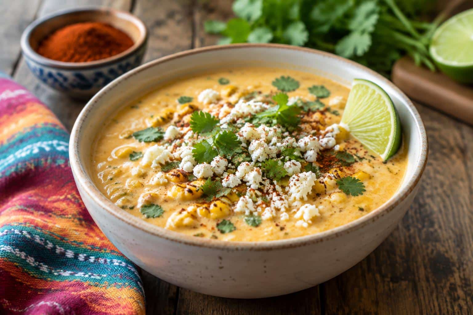 Creamy slow cooker corn soup garnished with cotija cheese and cilantro