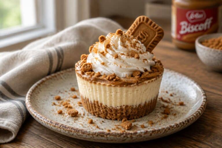 Cookie butter cheesecake cup dessert with whipped cream and cookie crumbs