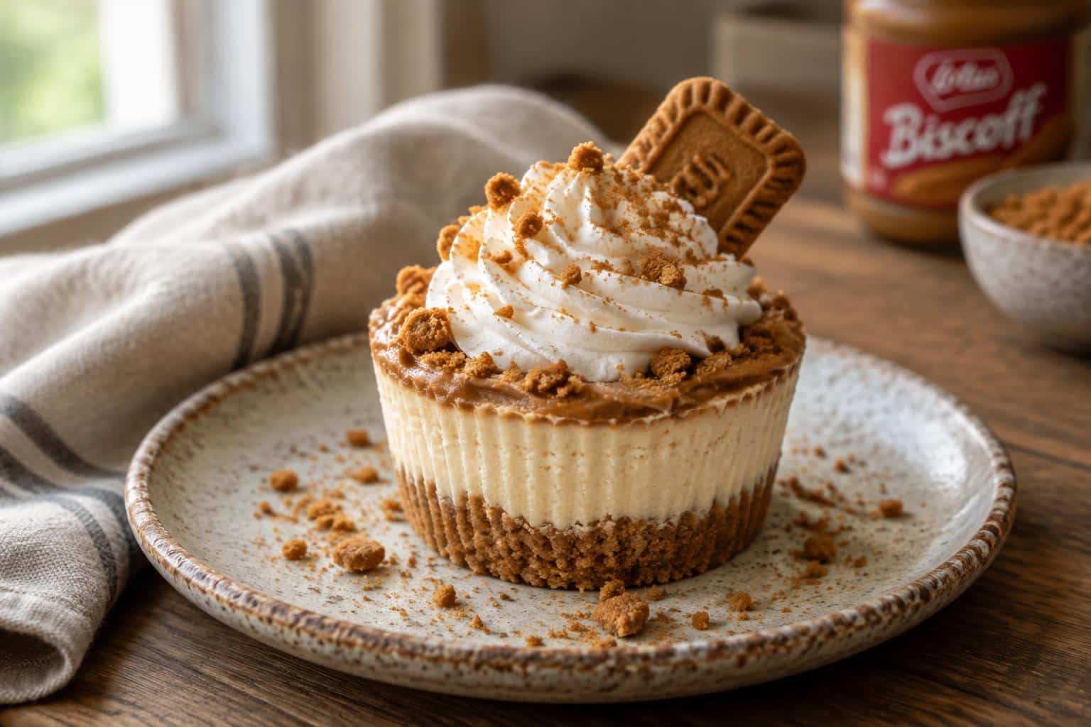 Cookie butter cheesecake cup dessert with whipped cream and cookie crumbs