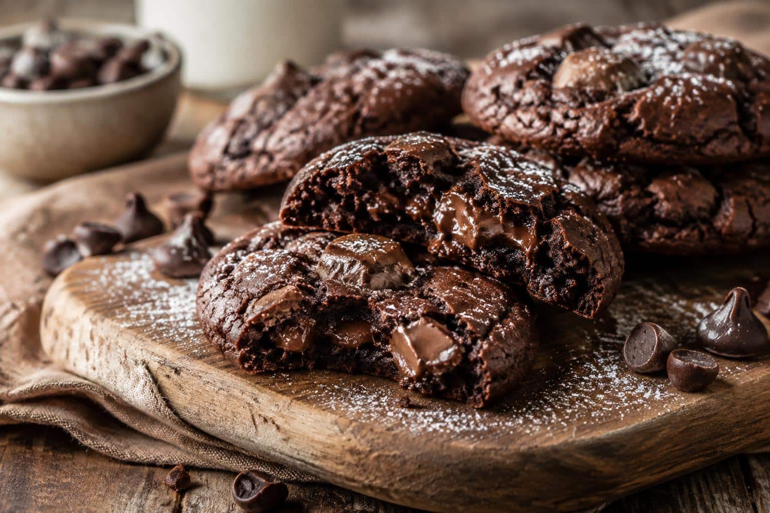 Fudgy cookies façon brownie with gooey chocolate chunks and powdered sugar, a rich chocolate delight