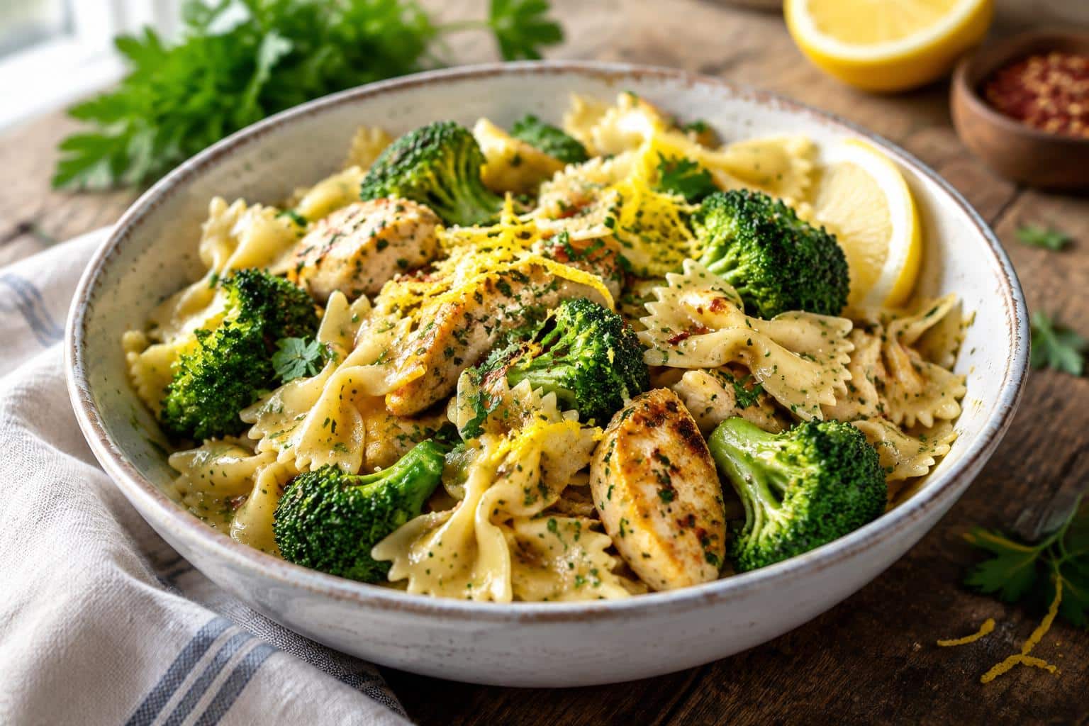 Cowboy butter chicken bowtie pasta with lemon and broccoli served in a rustic bowl