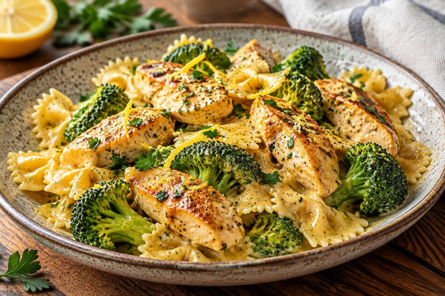Cowboy butter chicken with lemon bowtie pasta and broccoli plated beautifully with parsley garnish