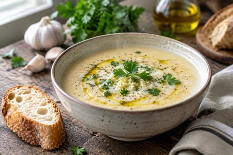 Creamy French garlic soup in a bowl garnished with parsley and olive oil on a rustic table