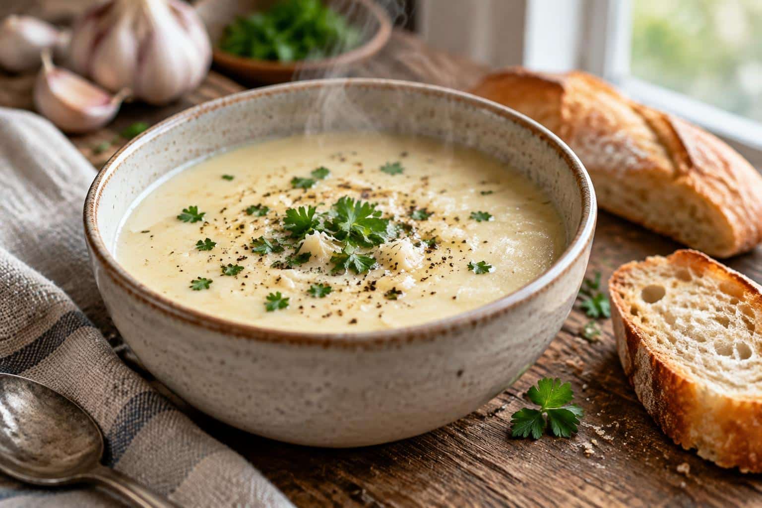 Creamy French garlic soup in a bowl garnished with parsley and black pepper