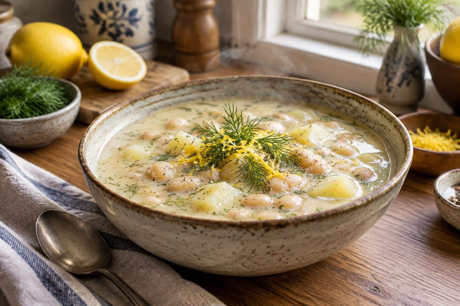Creamy lemon dill white bean potato soup garnished with fresh dill and lemon zest