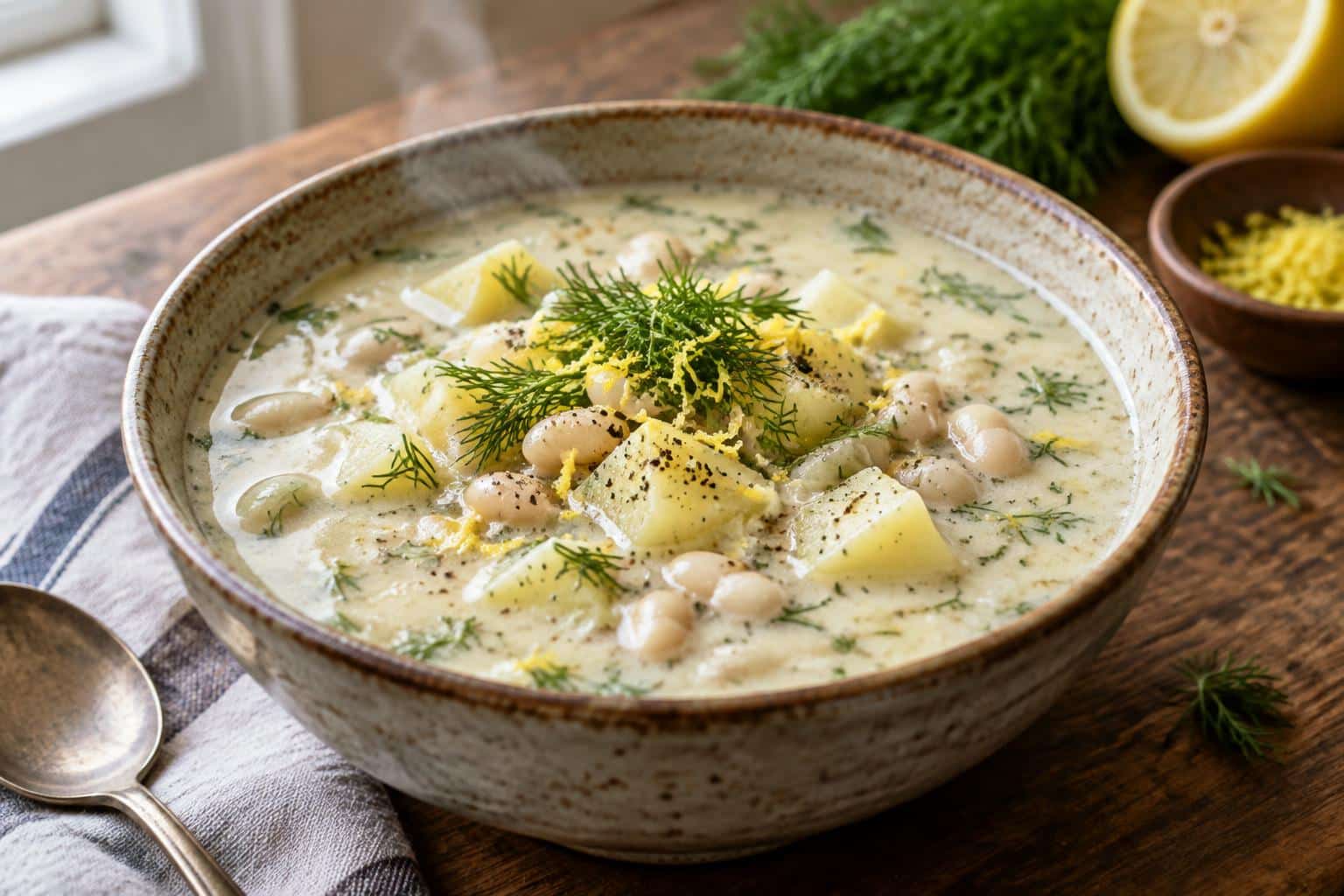 Creamy lemon dill soup with white beans and potatoes garnished with fresh dill and lemon zest