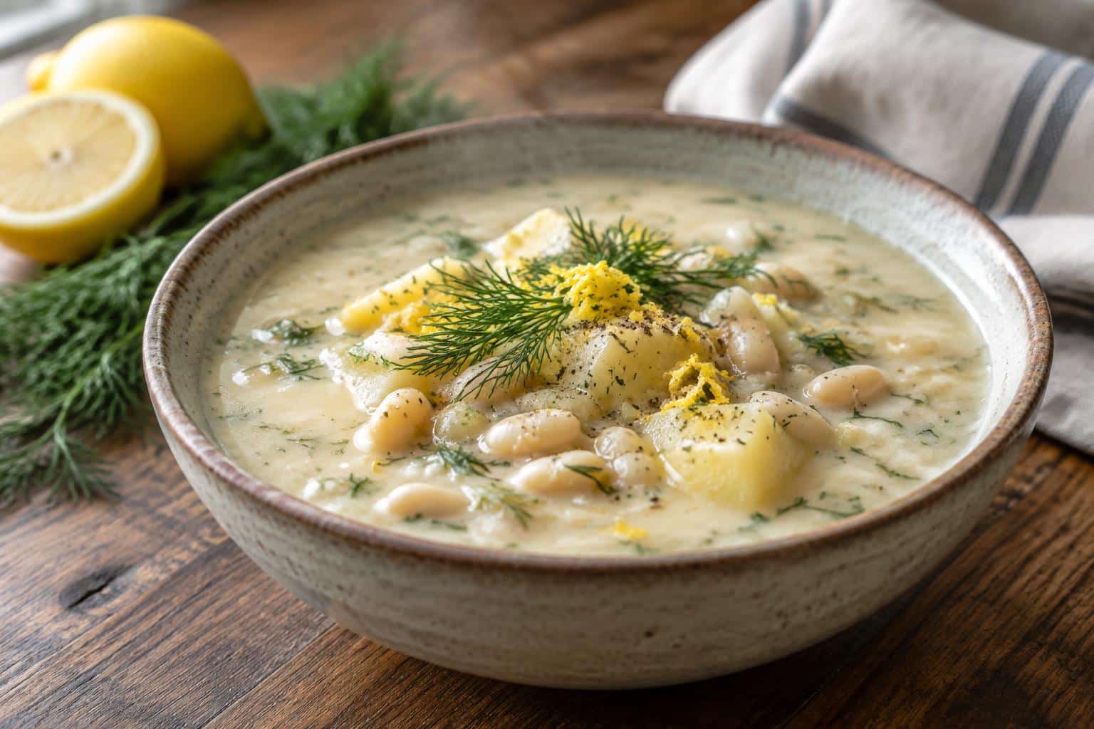 Creamy lemon dill soup with white beans and potatoes garnished with fresh dill and lemon zest