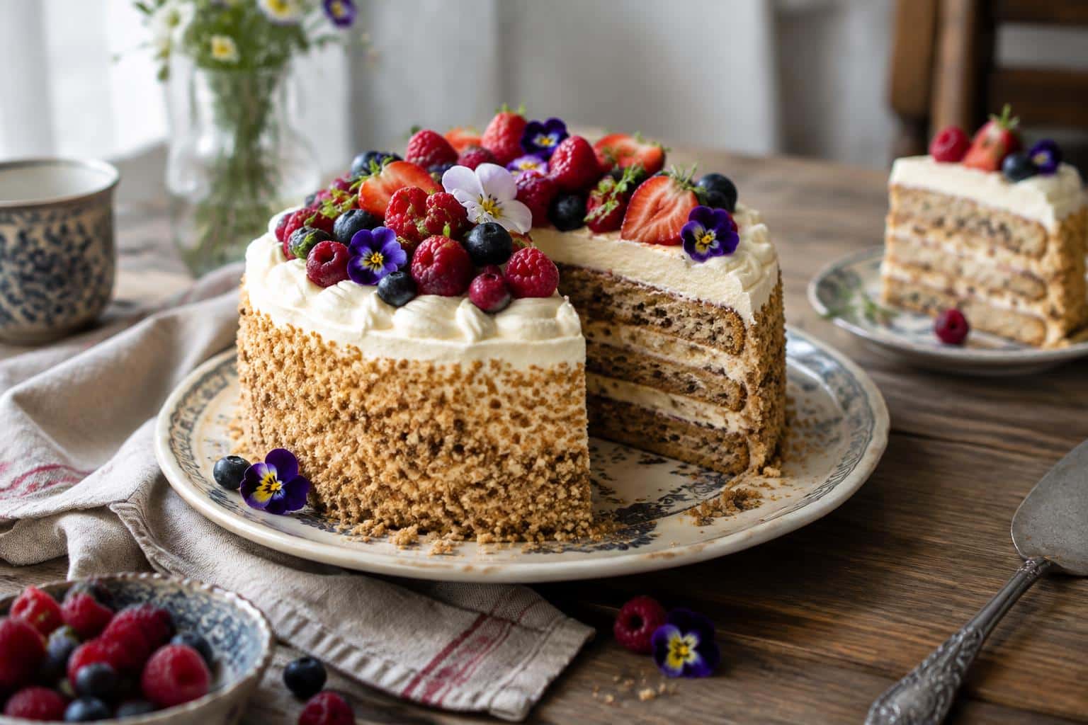 Moist Russian inspired cake with creamy frosting and fresh berries on rustic table