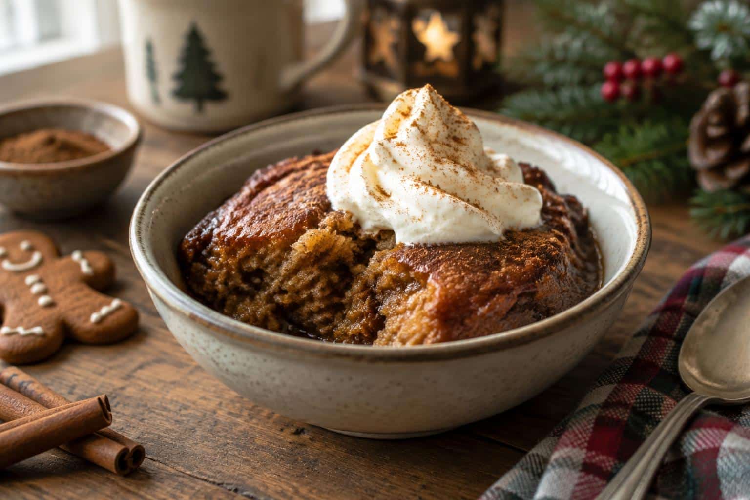 Warm gingerbread pudding with cream and cinnamon garnish, showcasing cozy gingerbread pudding dessert
