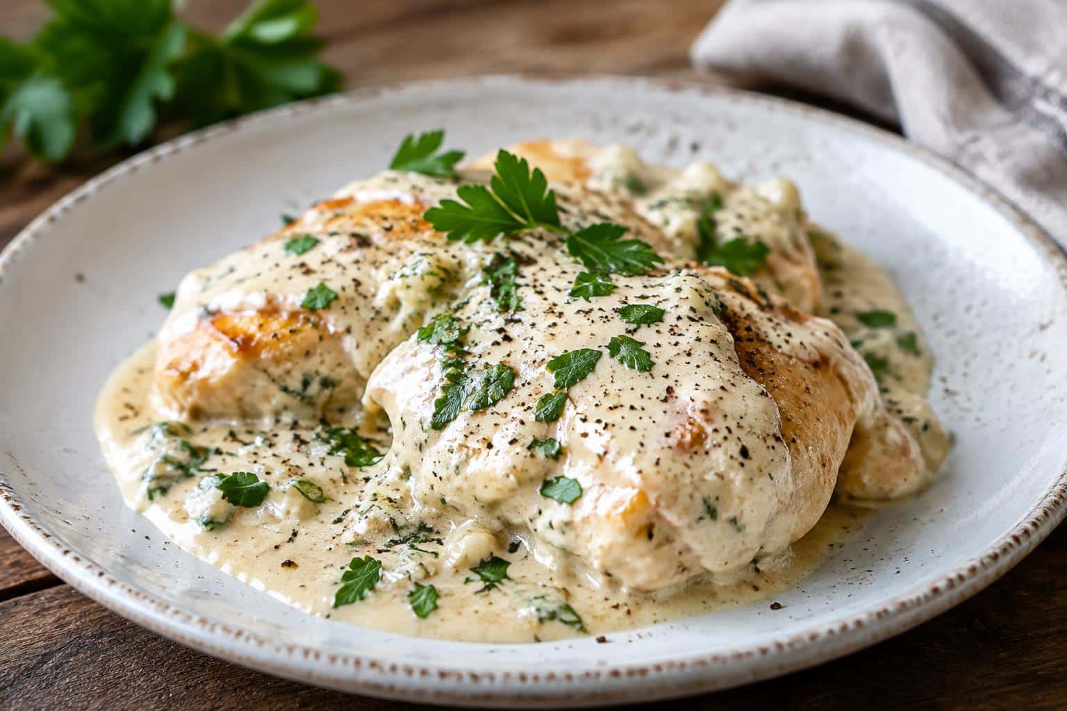 Cream cheese chicken served on white plate with creamy sauce and fresh parsley garnish
