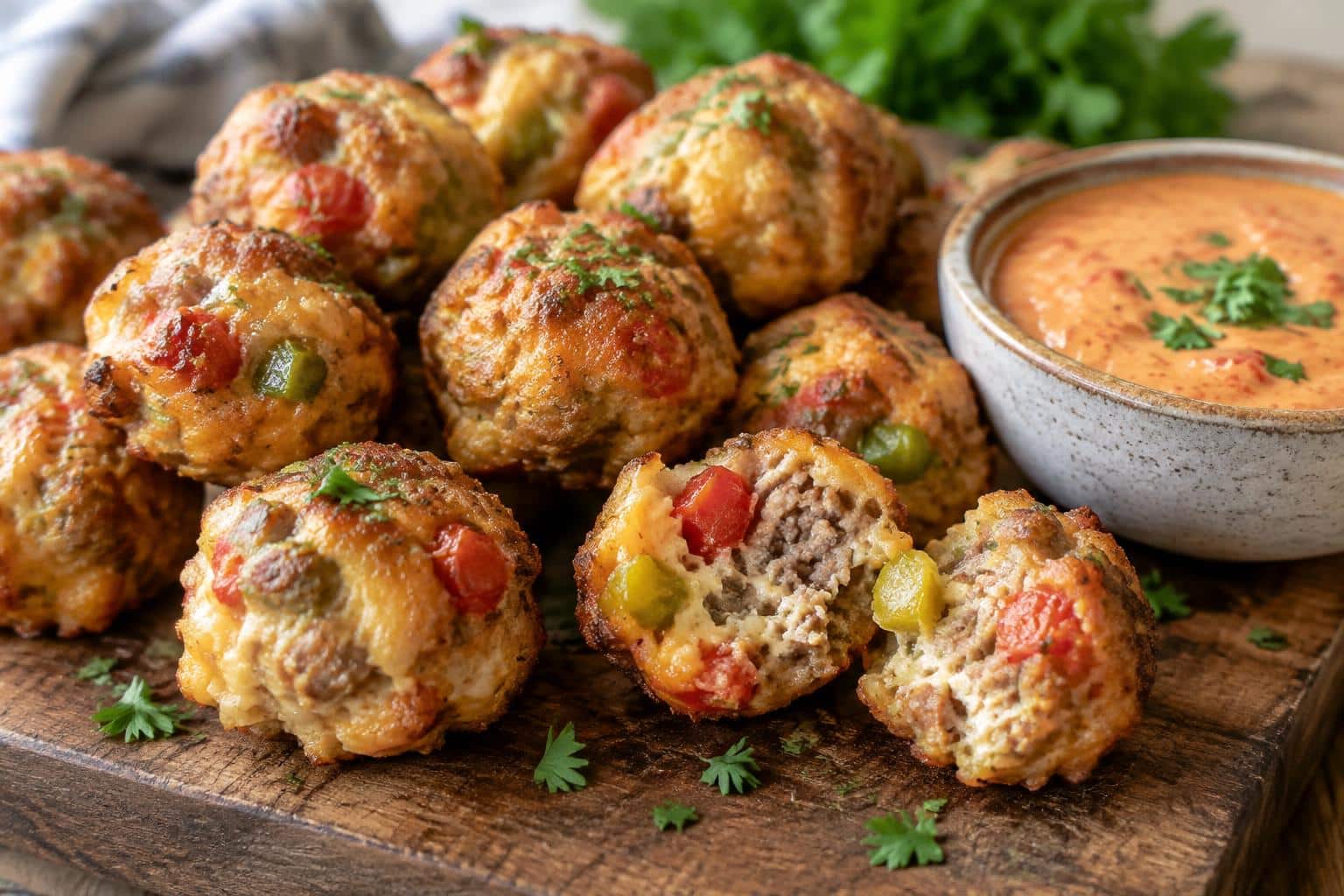 Golden cream cheese sausage balls with Rotel diced tomatoes and peppers on wooden board