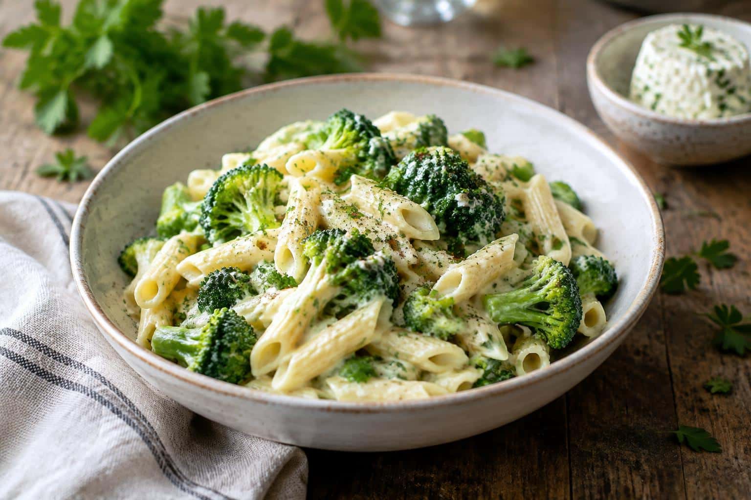 Creamy boursin cheese pasta tossed with fresh broccoli and herbs