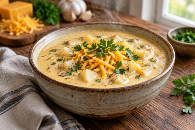 Creamy cheddar garlic potato soup garnished with herbs and shredded cheese
