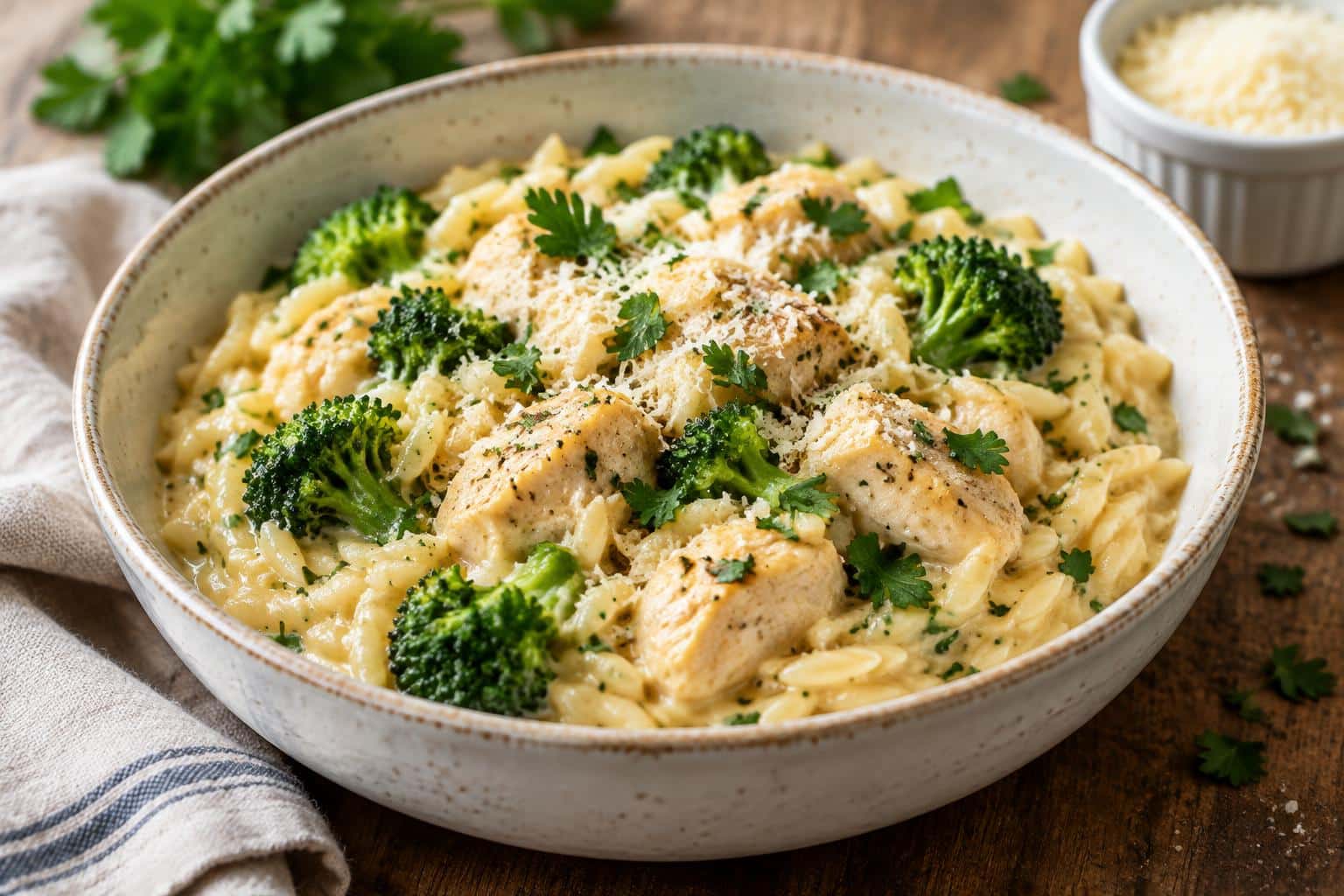 Creamy cheesy chicken broccoli orzo served in a rustic bowl garnished with parsley and Parmesan