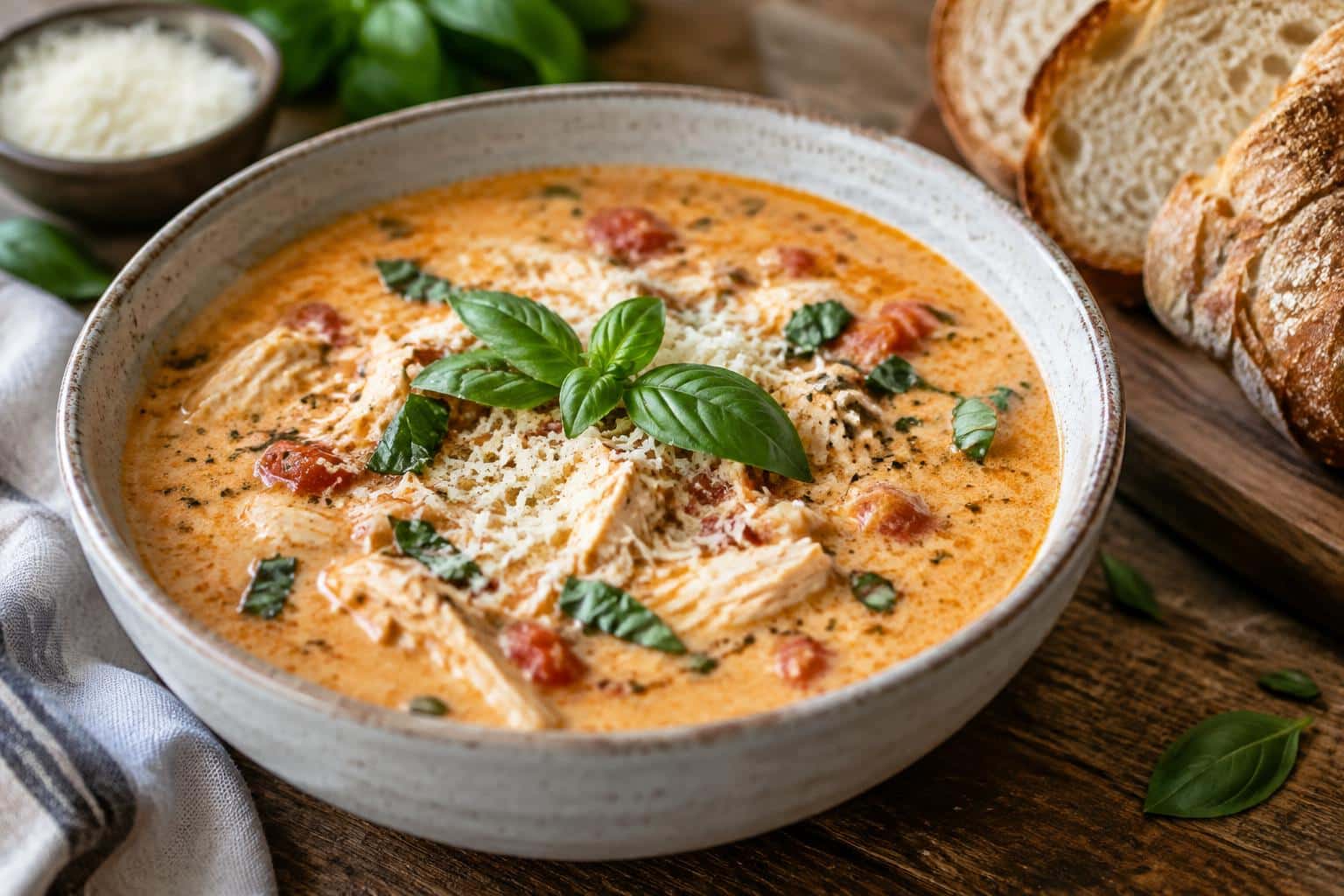 Creamy chicken parmesan soup in a bowl garnished with basil and Parmesan cheese
