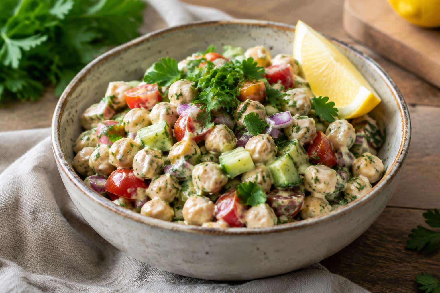 Creamy chickpea salad in a rustic bowl with fresh herbs and lemon garnish