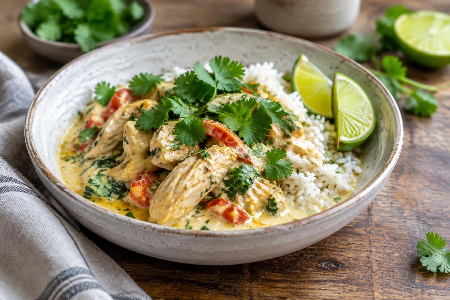 A bowl of creamy coconut chicken and rice garnished with cilantro and lime wedges, showcasing creamy coconut chicken