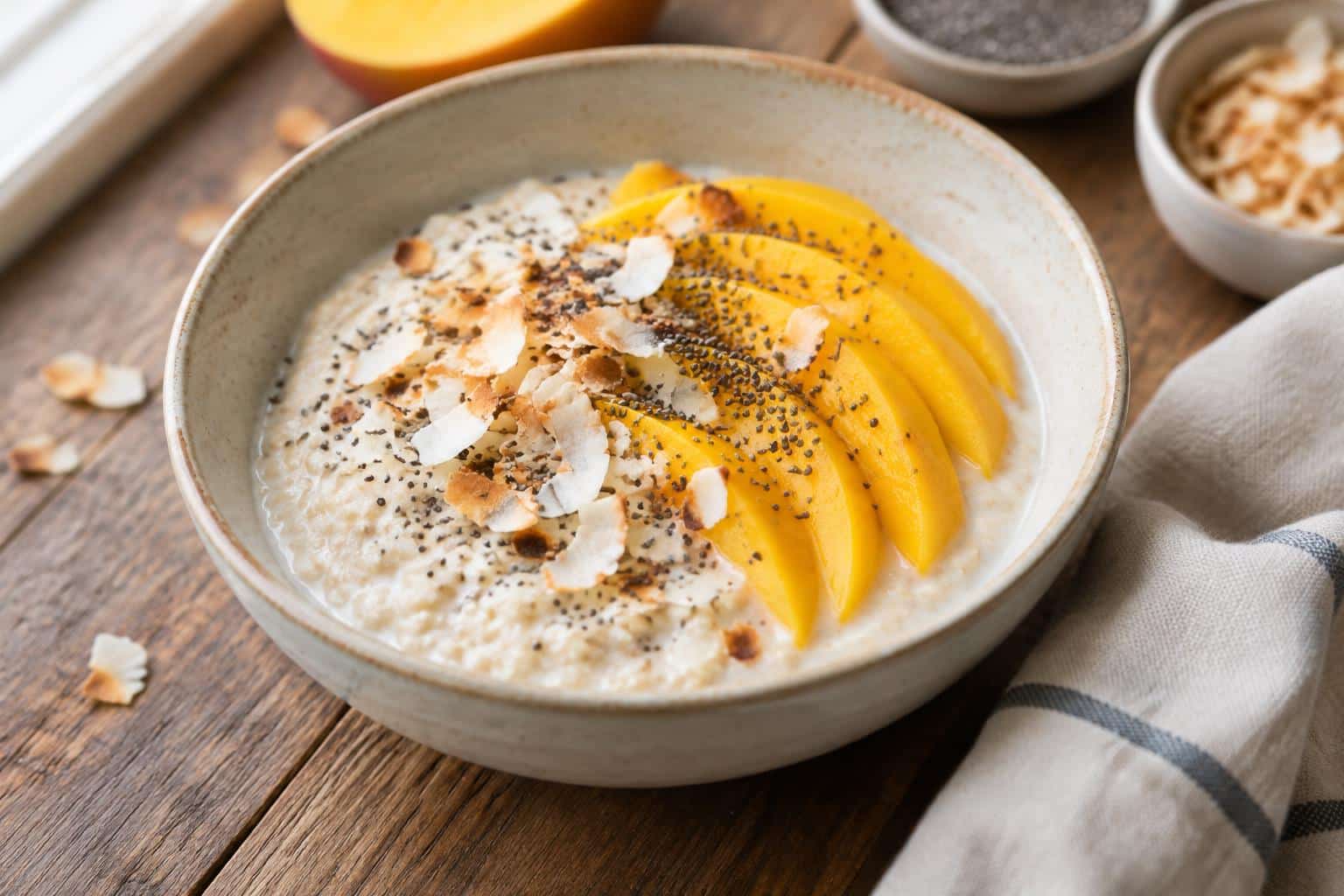 A bowl of creamy coconut oats topped with fresh mango and toasted coconut flakes, a creamy coconut oats tropical breakfa