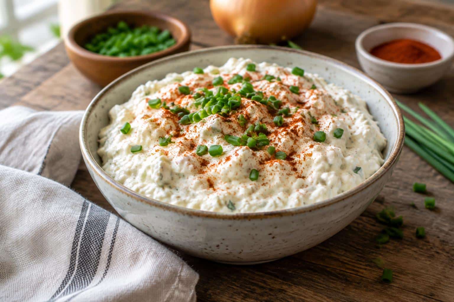Creamy cottage cheese dip with onion garnished with chives and paprika in a rustic bowl
