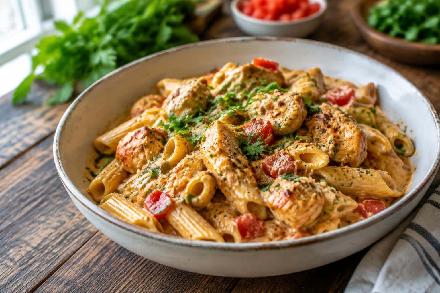 Creamy cowboy butter chicken pasta served in a bowl with herbs and tomatoes, showcasing the creamy texture