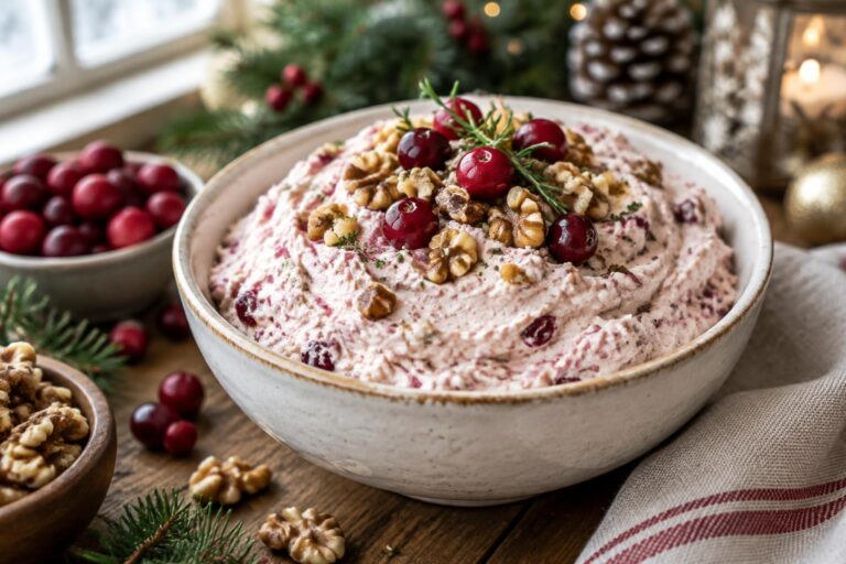 Creamy cranberry walnut dip garnished with walnuts and cranberries in white bowl