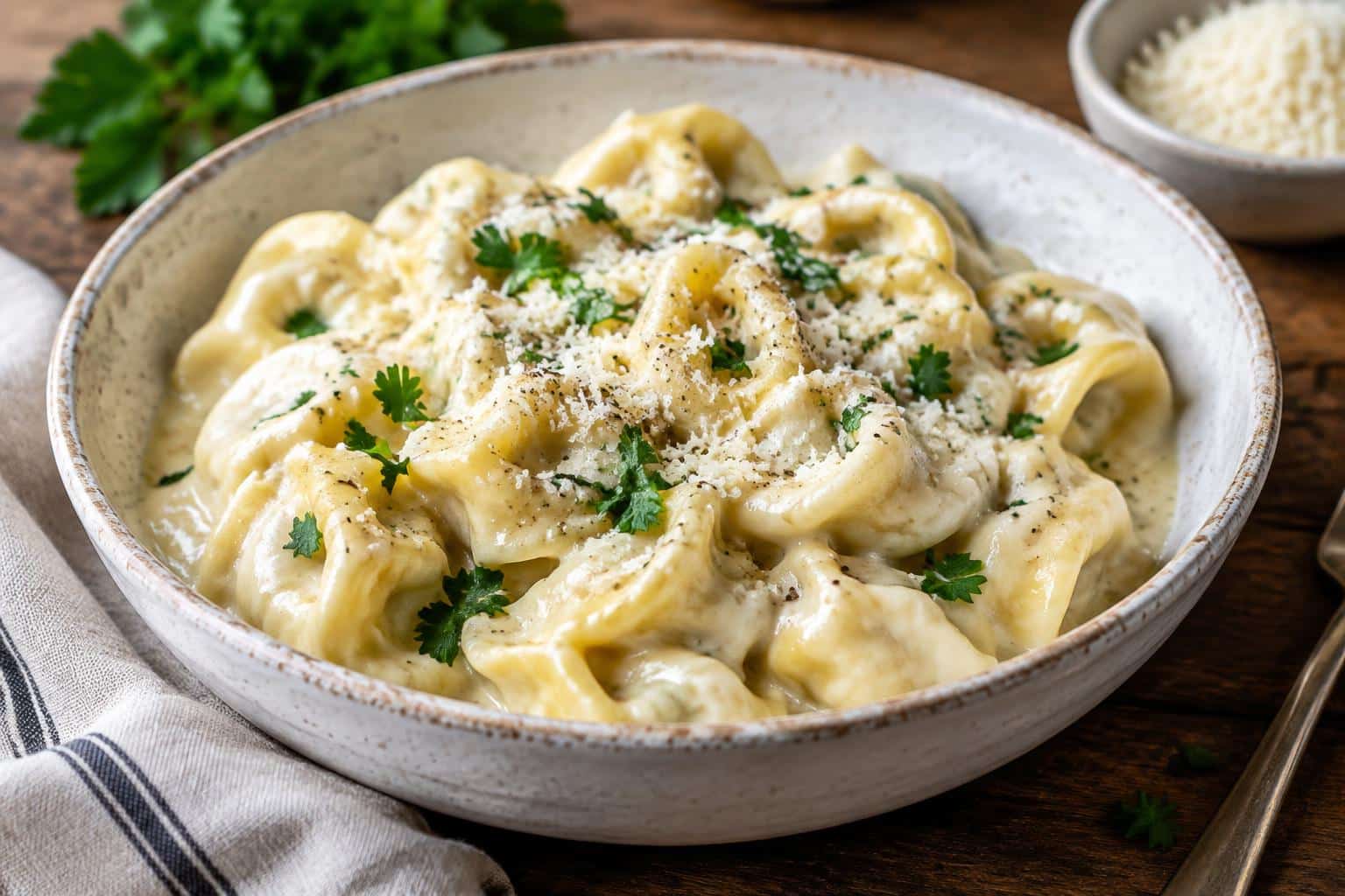 Creamy crockpot tortellini alfredo served in a bowl with parsley garnish and cracked pepper