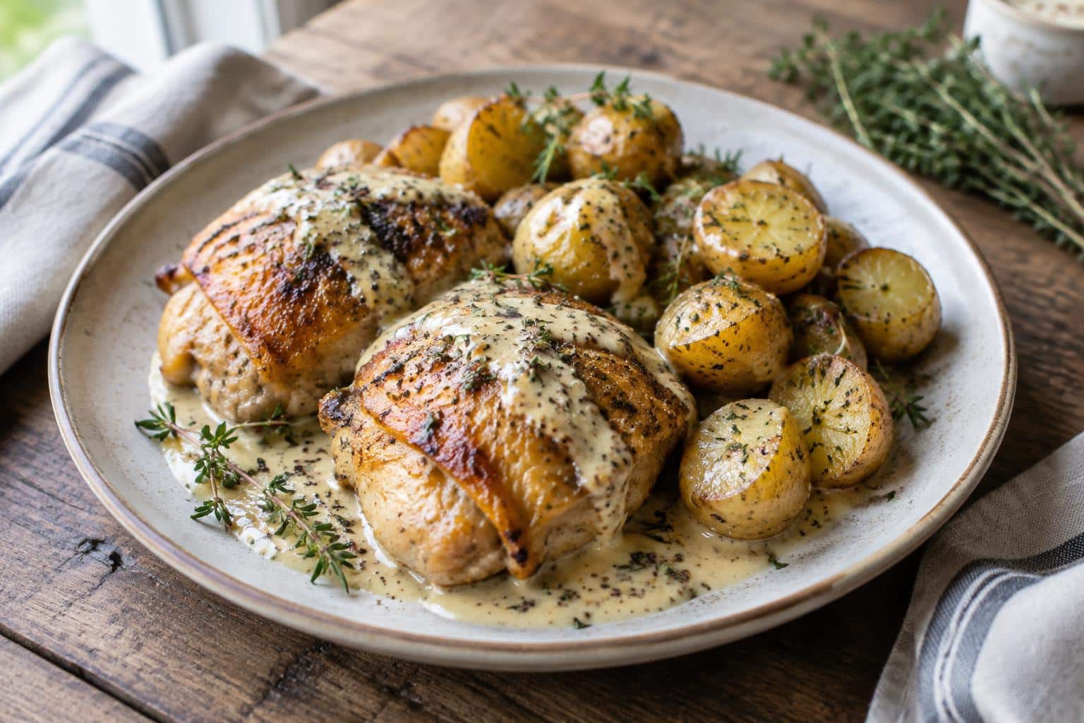 Roasted chicken and potatoes with creamy dijon cream sauce garnished with fresh thyme