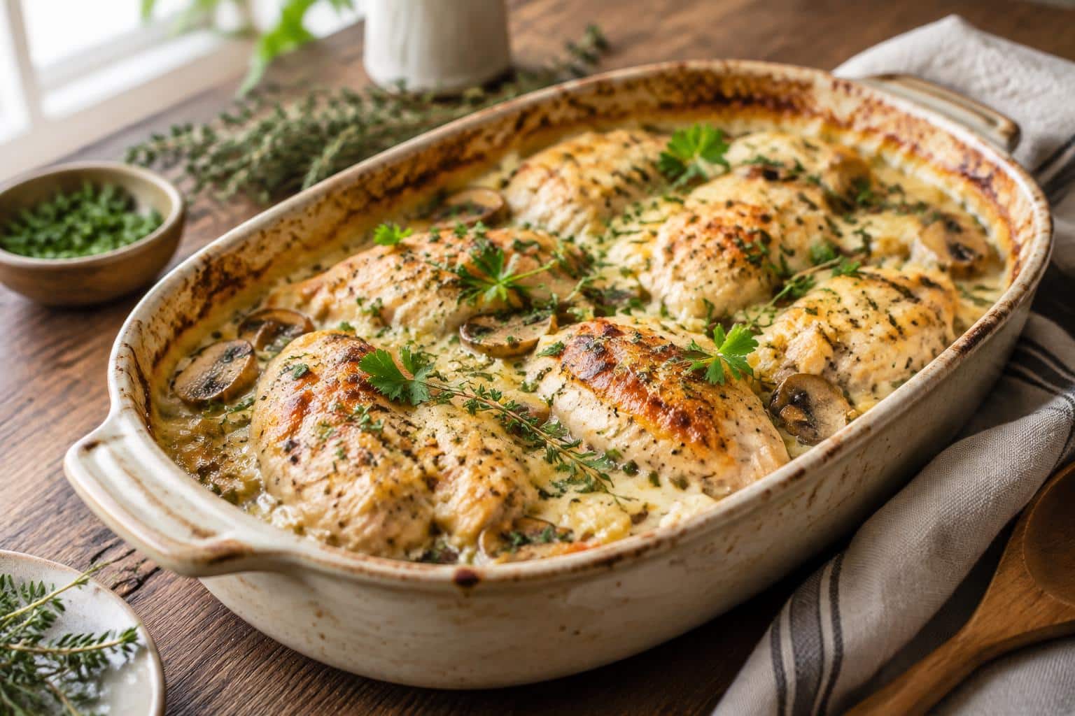 Creamy French chicken casserole in rustic baking dish garnished with parsley and thyme