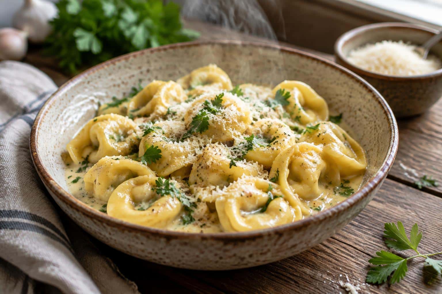 Creamy garlic butter tortellini served in rustic bowl garnished with parsley and Parmesan