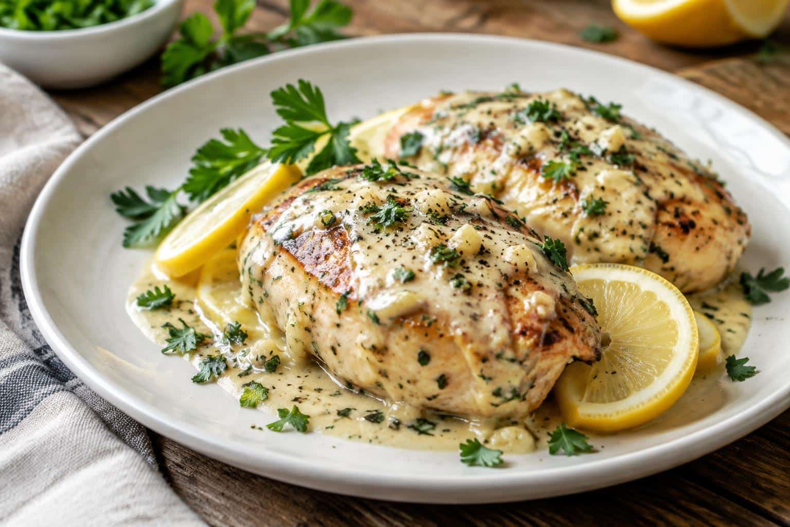 Creamy garlic lemon chicken on a white plate garnished with lemon slices and parsley